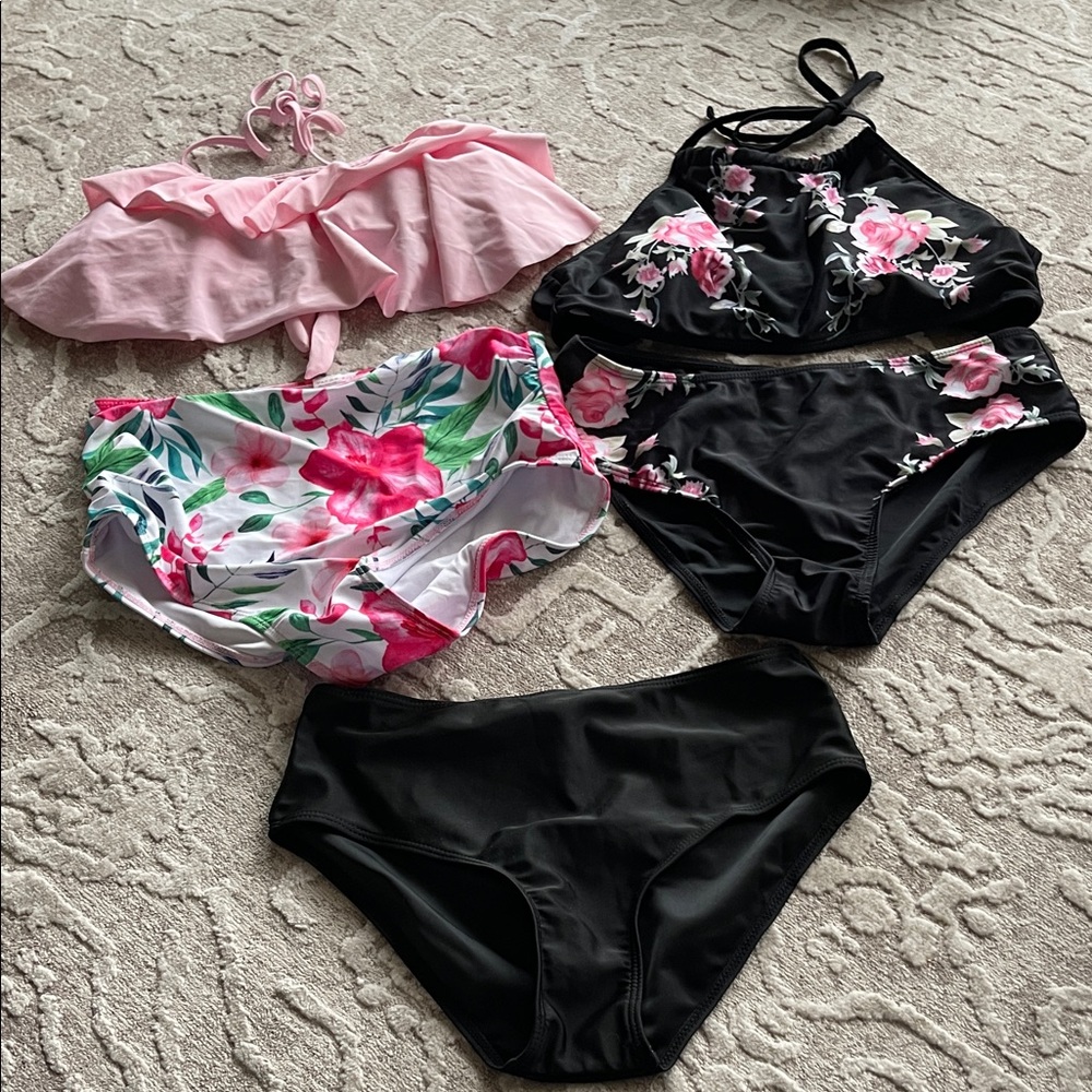 Black Pink and Floral Bikini Set 3 Bottoms and 2 Tops
